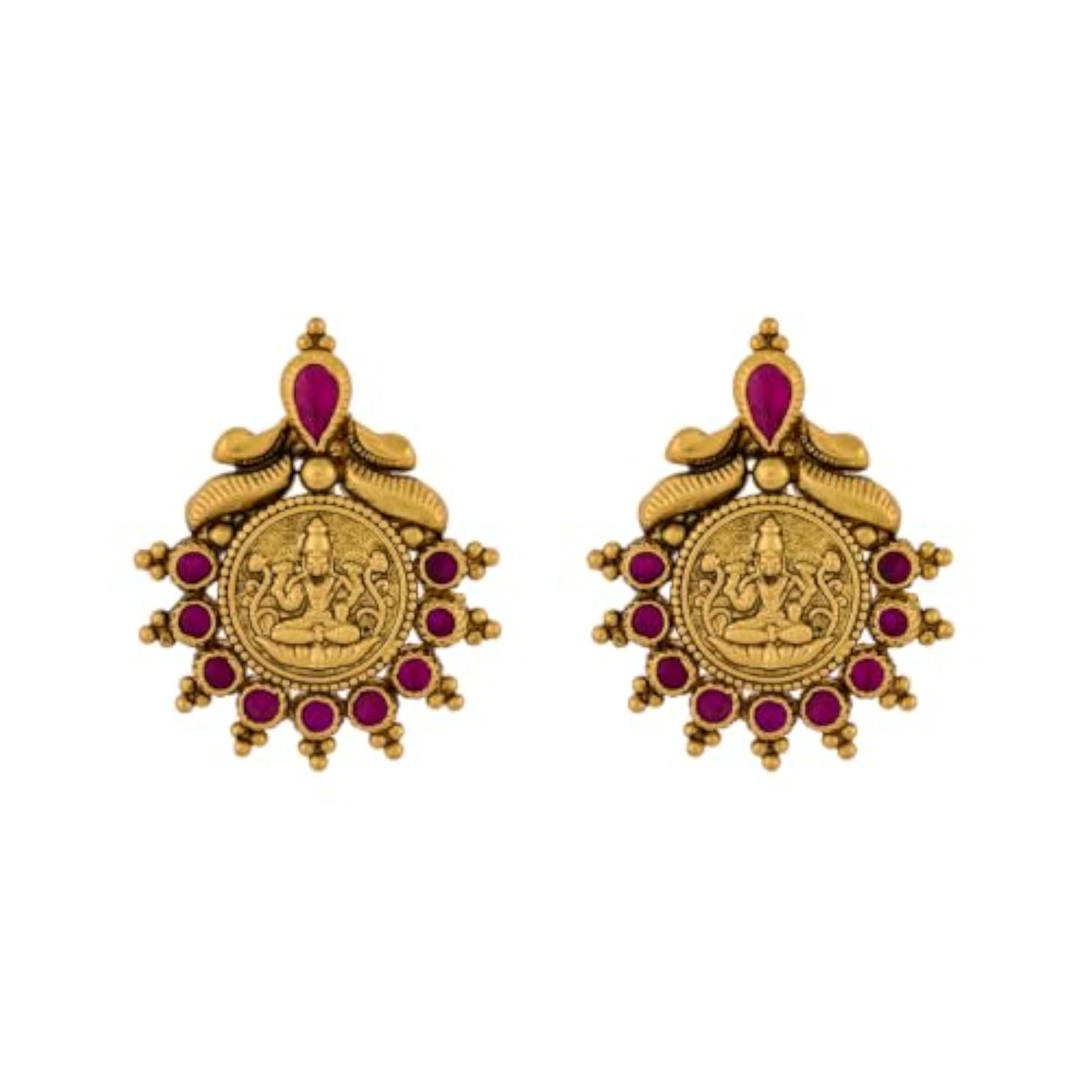 Women's Ruby Oxidised Gold Plated Temple Stud Earrings, Festive & Bridal